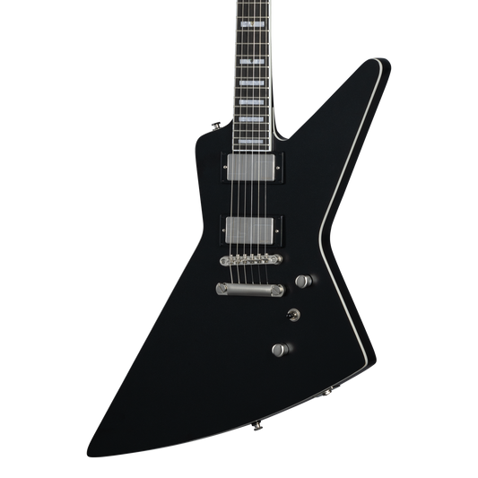 Front of Epiphone Extura Prophecy Aged Jet Black Metallic.