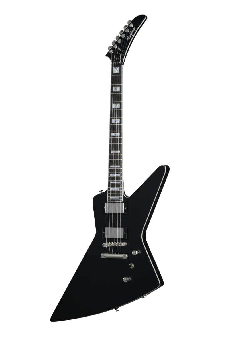 Full frontal of Epiphone Extura Prophecy Aged Jet Black Metallic.