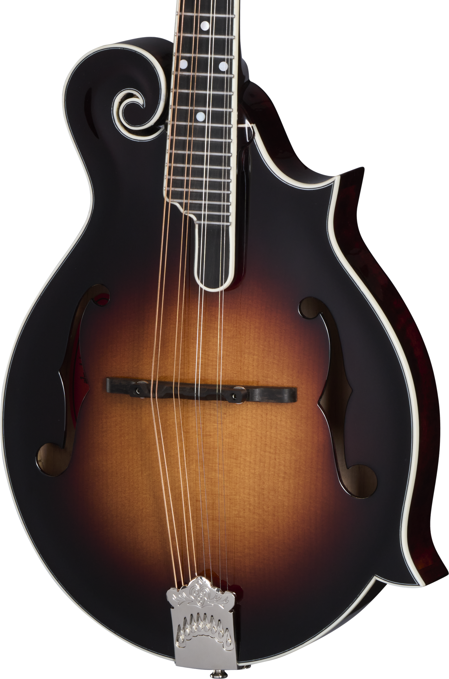 Front of Epiphone F-5G Cremona Sunburst.