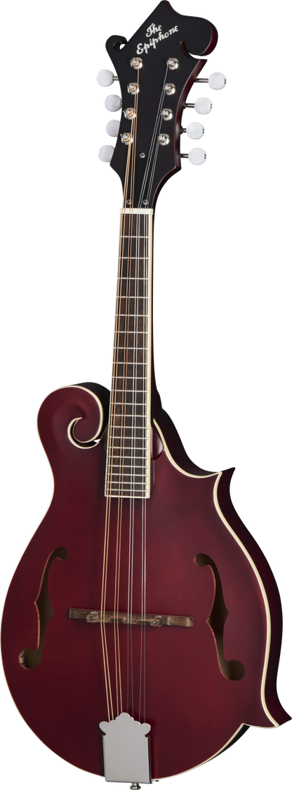 Full frontal of Epiphone F-5 Studio Wine Red Satin.