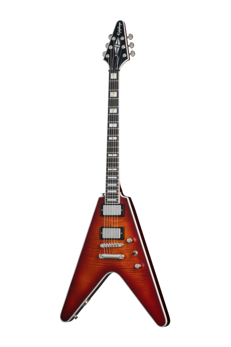 Full frontal of Epiphone Flying V Prophecy Aged Bengal Tiger Burst.
