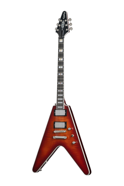 Full frontal of Epiphone Flying V Prophecy Aged Bengal Tiger Burst.
