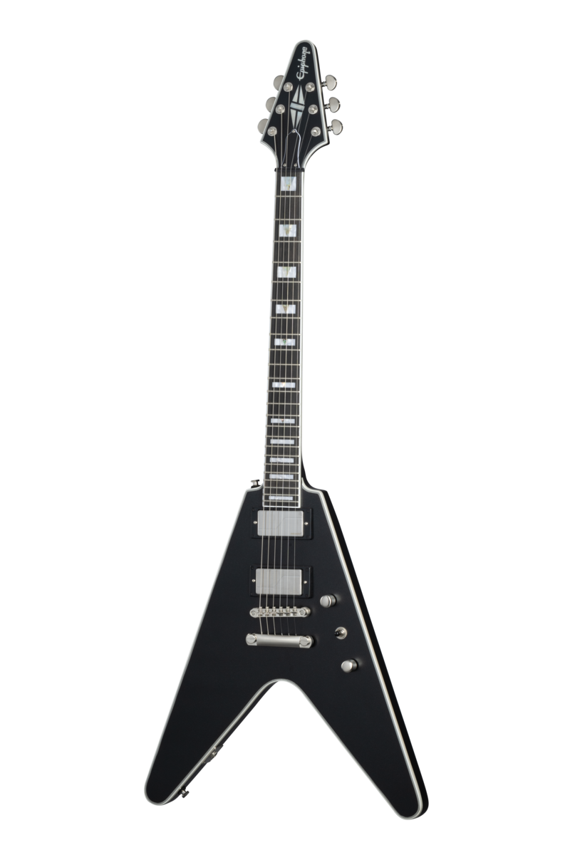 Full frontal of Epiphone Flying V Prophecy Aged Jet Black Metallic.