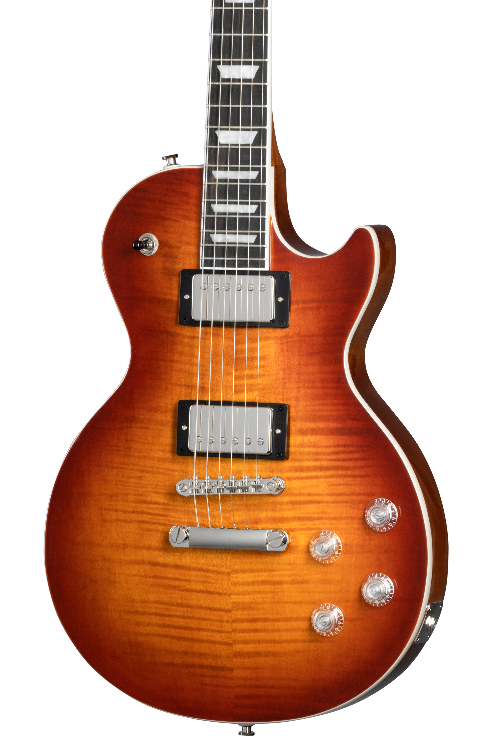 Front of Epiphone Les Paul Modern Figured Mojave Burst.