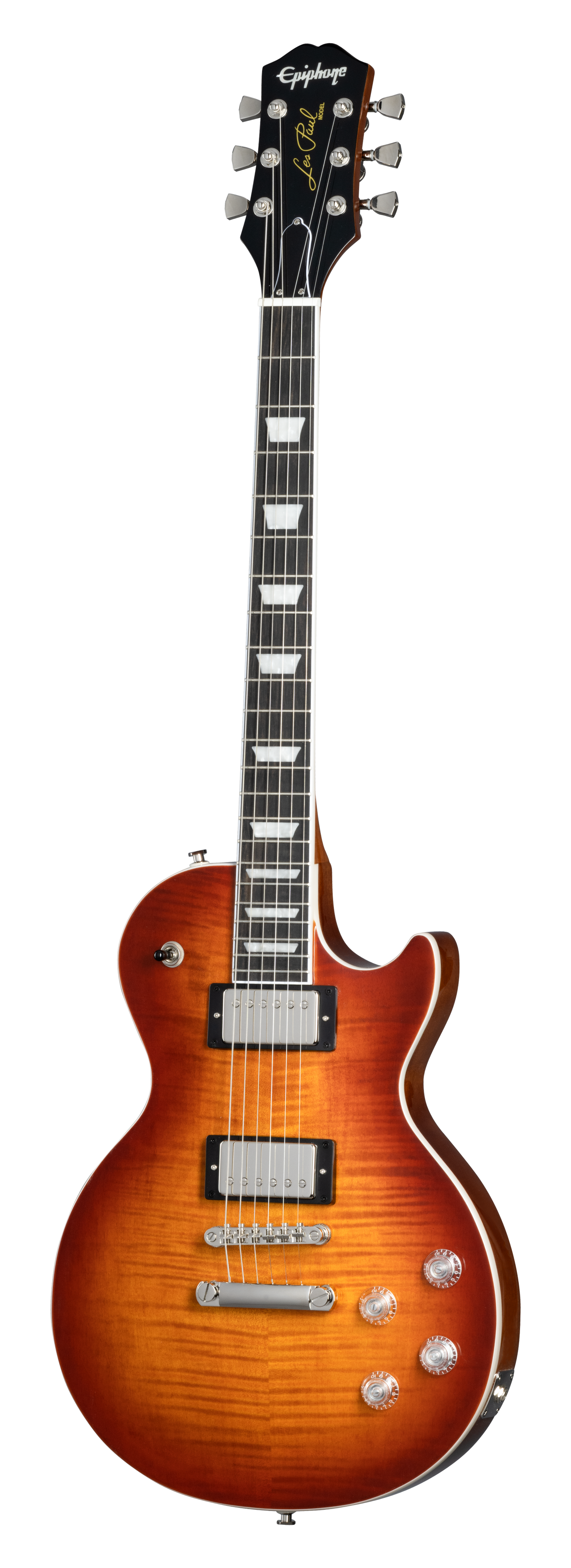 Full frontal of Epiphone Les Paul Modern Figured Mojave Burst.