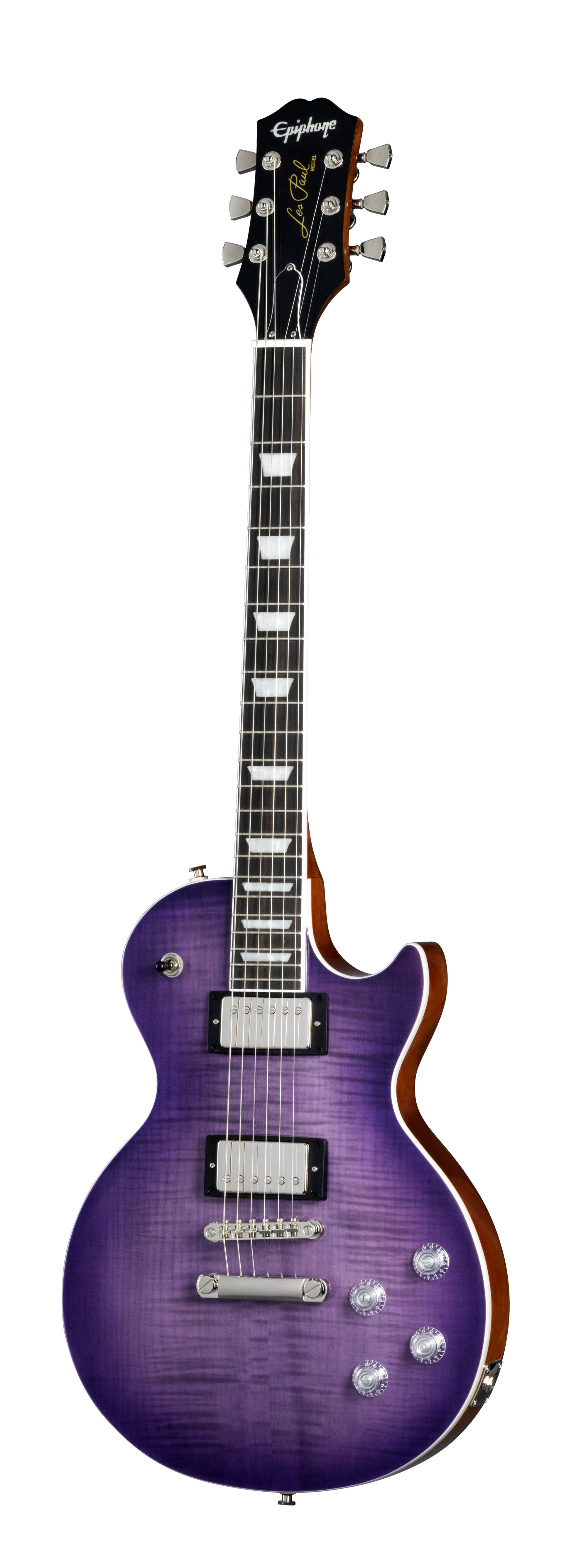 Full frontal of Epiphone Les Paul Modern Figured Purple Burst.