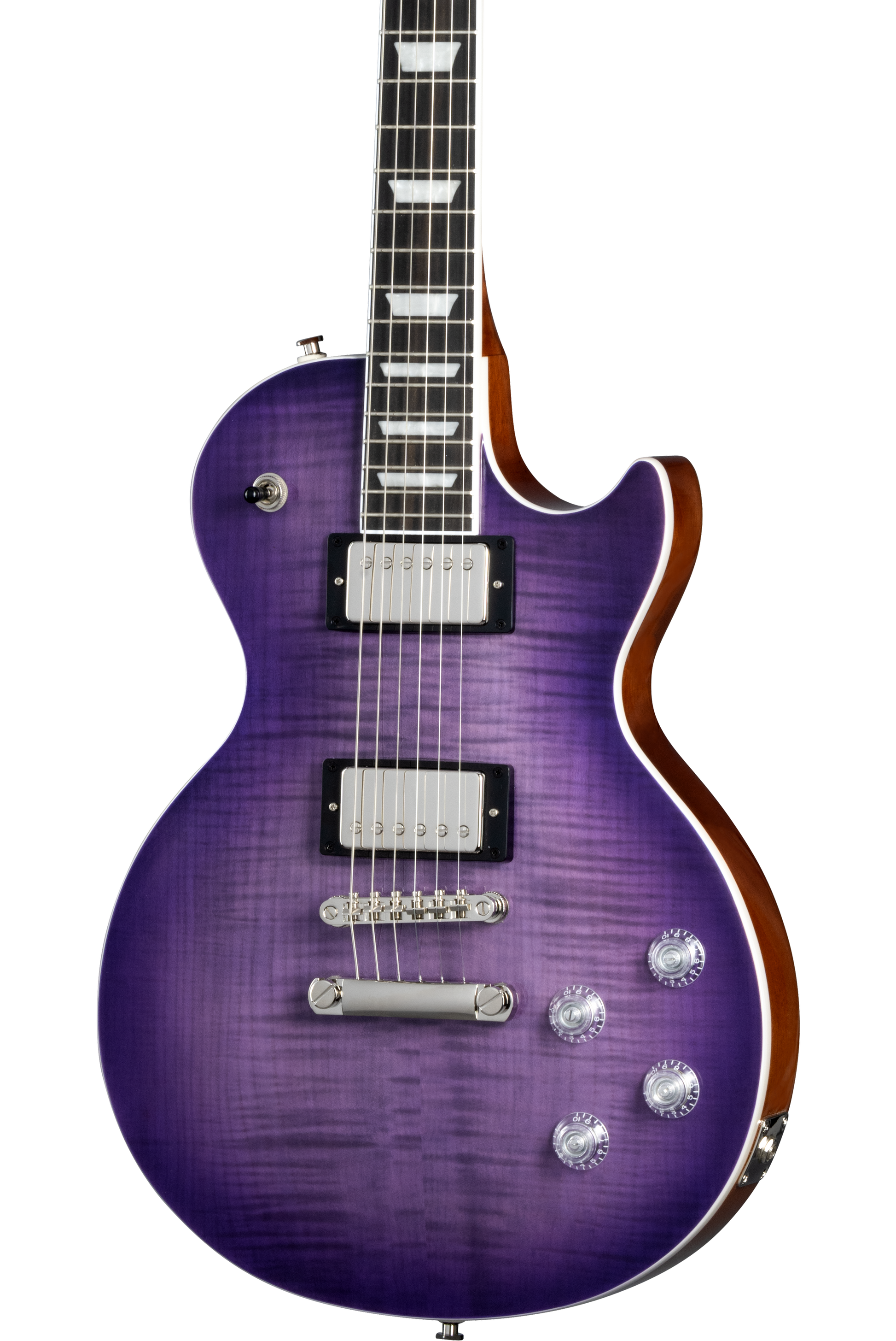 Front of Epiphone Les Paul Modern Figured Purple Burst.