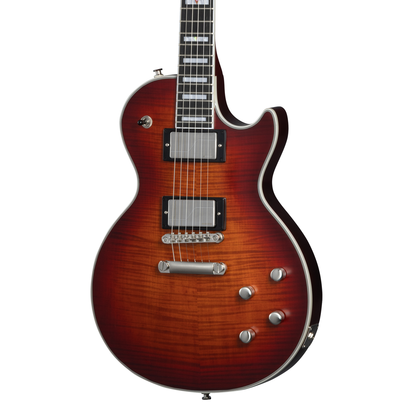 Front of Epiphone Les Paul Prophecy Aged Bengal Tiger Burst.
