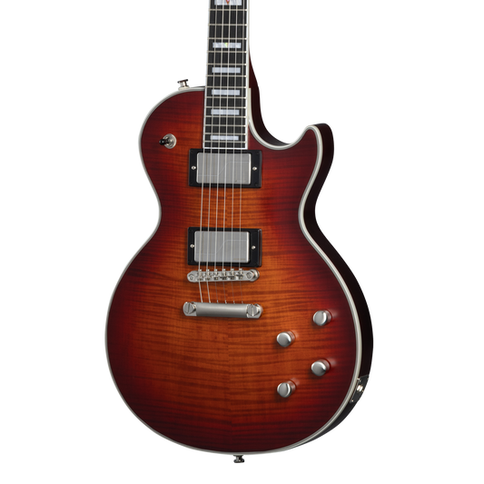 Front of Epiphone Les Paul Prophecy Aged Bengal Tiger Burst.
