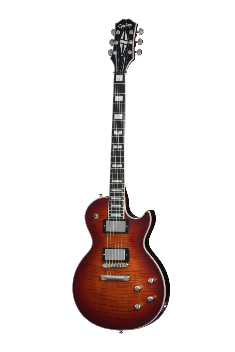 Full frontal of Epiphone Les Paul Prophecy Aged Bengal Tiger Burst.
