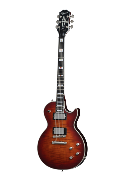 Full frontal of Epiphone Les Paul Prophecy Aged Bengal Tiger Burst.
