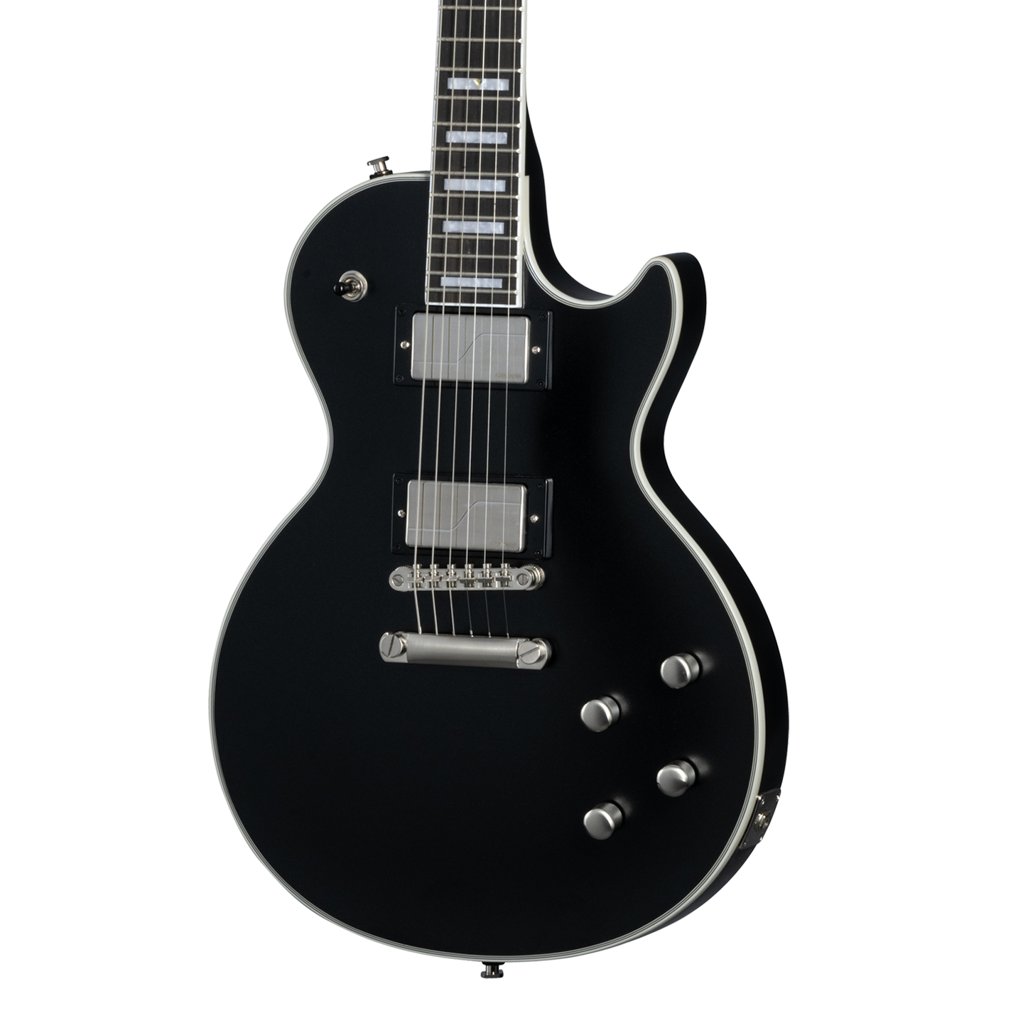 Front of Epiphone Les Paul Prophecy Aged Jet Black Metallic.