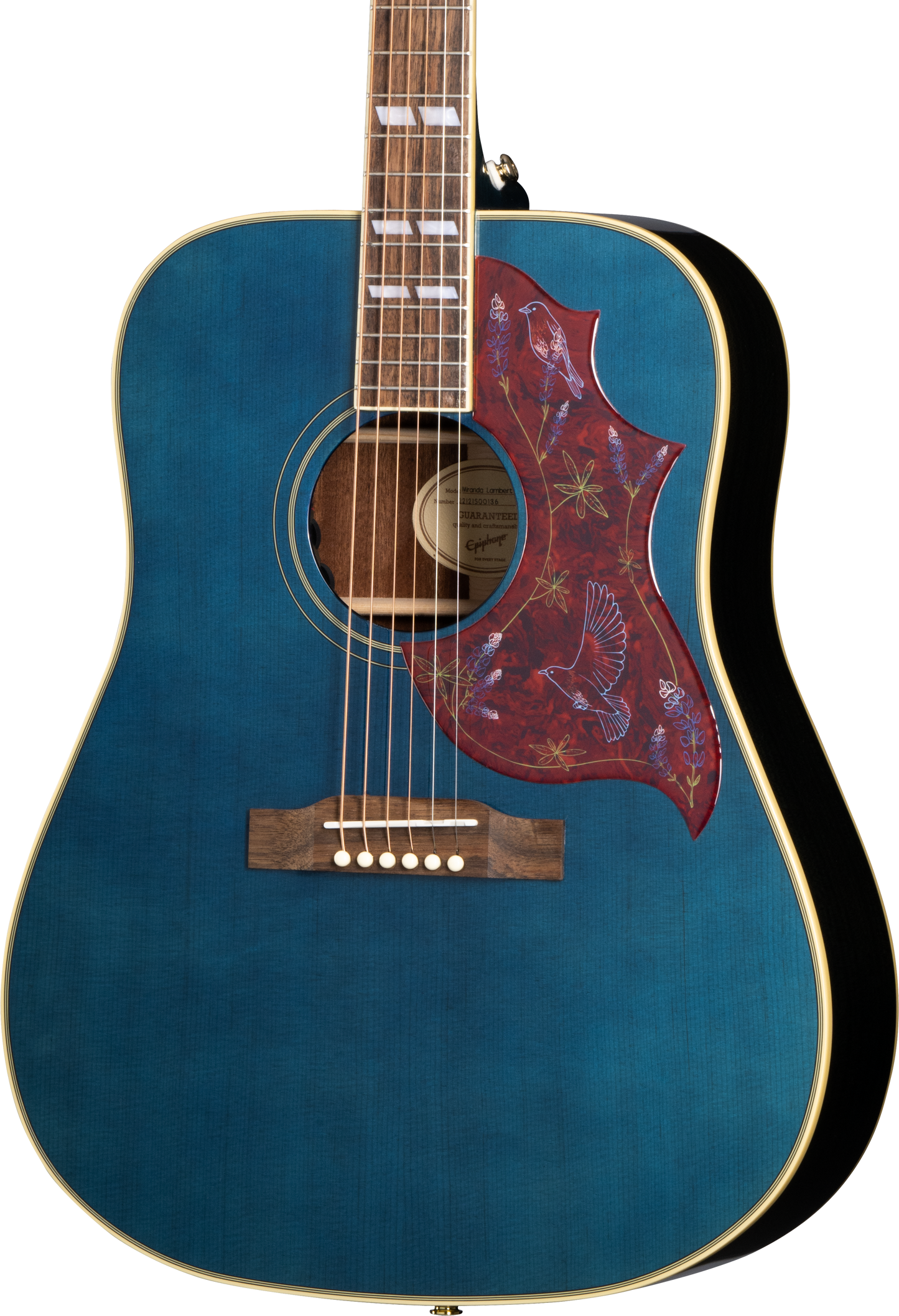 Front of Epiphone Miranda Lambert Bluebird Solid-Top Bluebonnet.