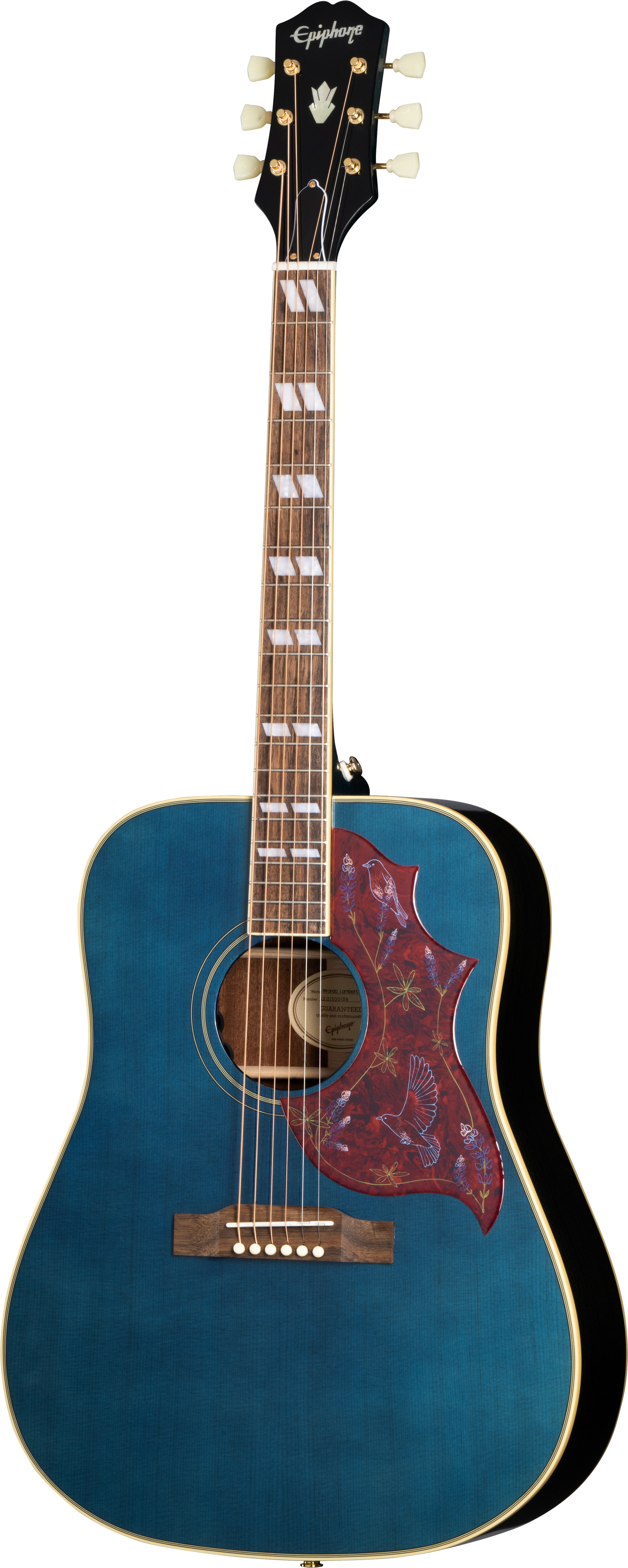 Full frontal of Epiphone Miranda Lambert Bluebird Solid-Top Bluebonnet.