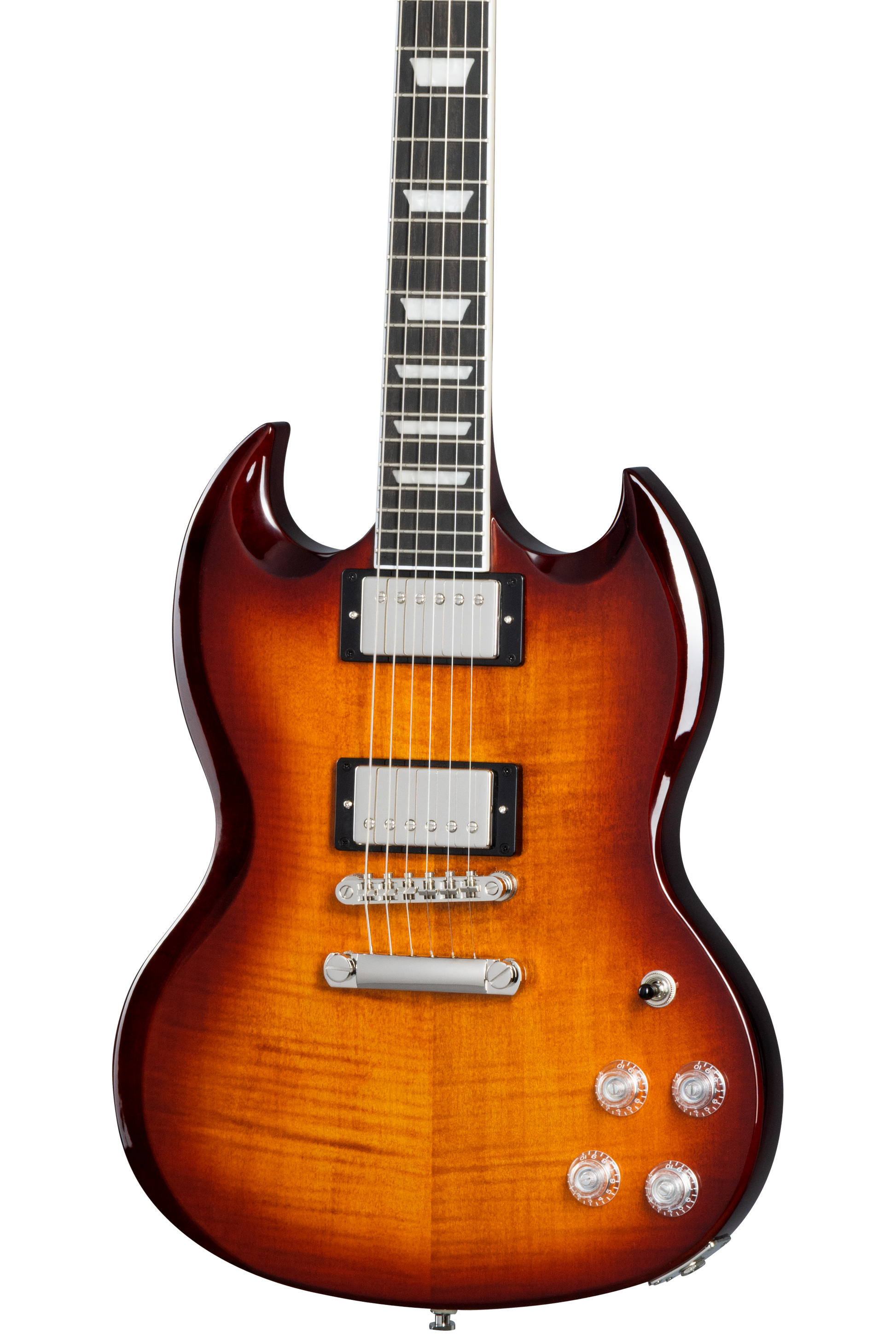 Front of Epiphone SG Modern Figured Mojave Burst.