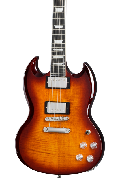 Front of Epiphone SG Modern Figured Mojave Burst.