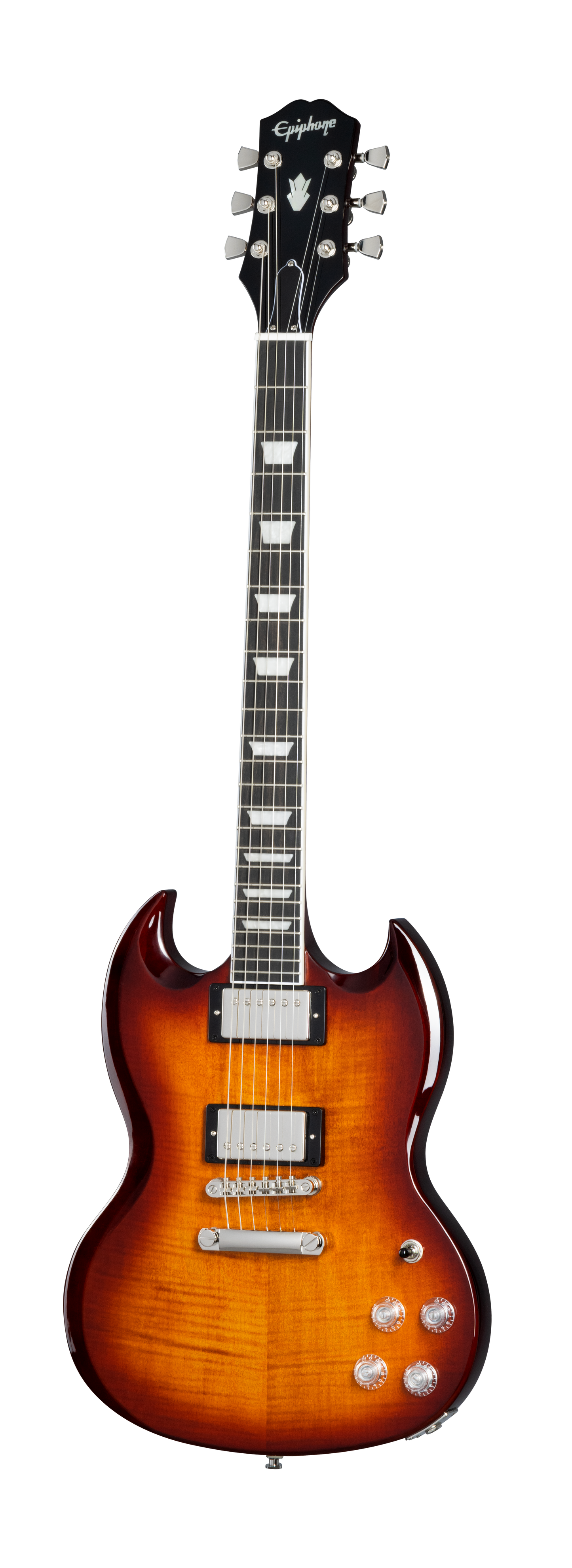 Full frontal of Epiphone SG Modern Figured Mojave Burst.