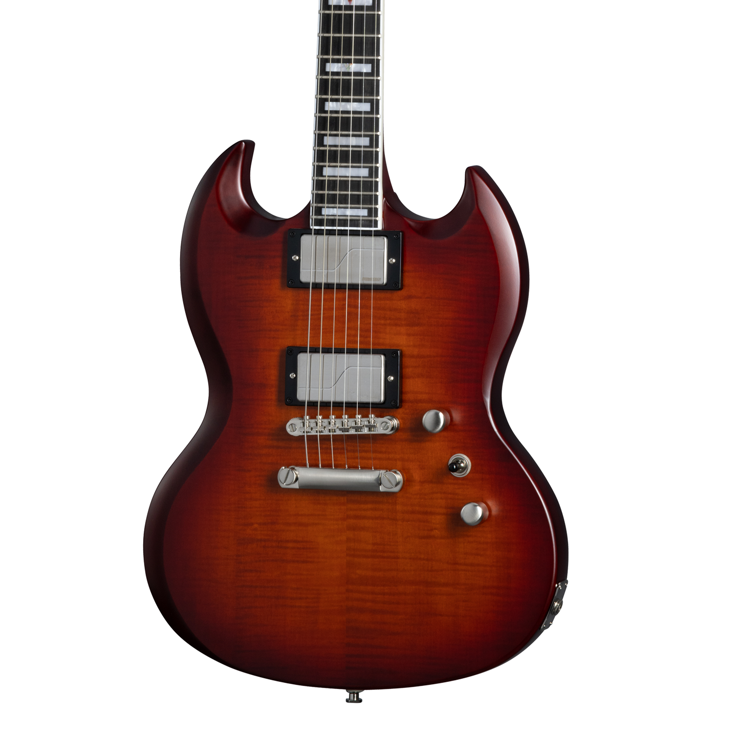 Front of Epiphone SG Prophecy Aged Bengal Tiger Burst.