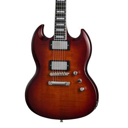 Front of Epiphone SG Prophecy Aged Bengal Tiger Burst.