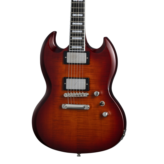 Front of Epiphone SG Prophecy Aged Bengal Tiger Burst.