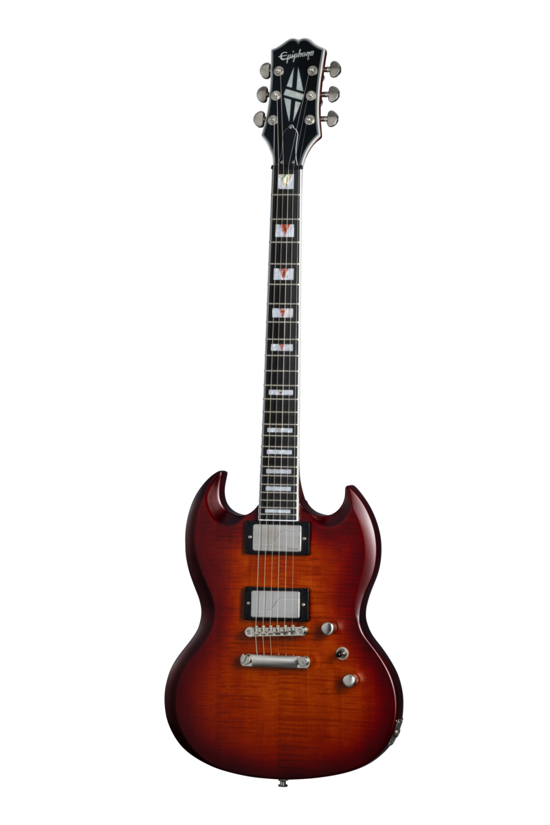 Full frontal of Epiphone SG Prophecy Aged Bengal Tiger Burst.