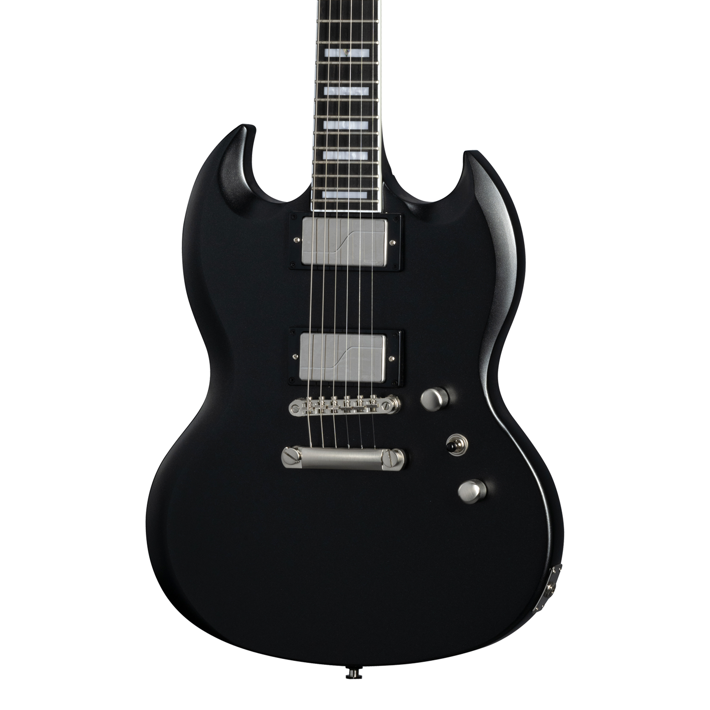 Front of Epiphone SG Prophecy Aged Jet Black Metallic.