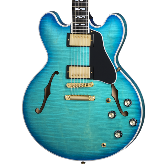 Close up of front of Gibson USA ES Supreme Blueberry Burst w/case