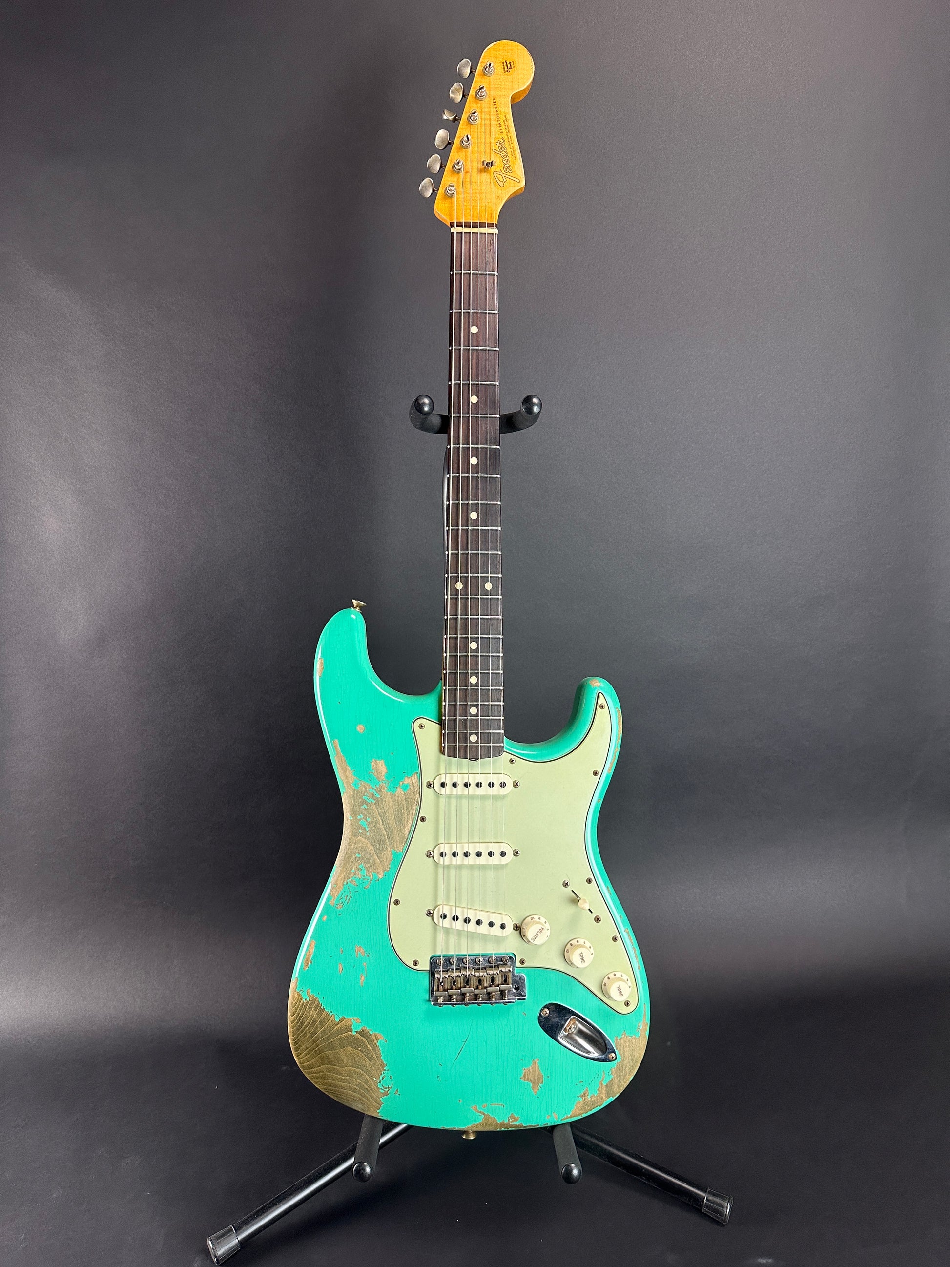 Full front of Used Fender Custom Shop Dual Mag II Strat Relic Seafoam Green.