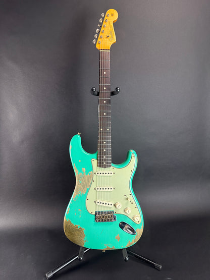 Full front of Used Fender Custom Shop Dual Mag II Strat Relic Seafoam Green.