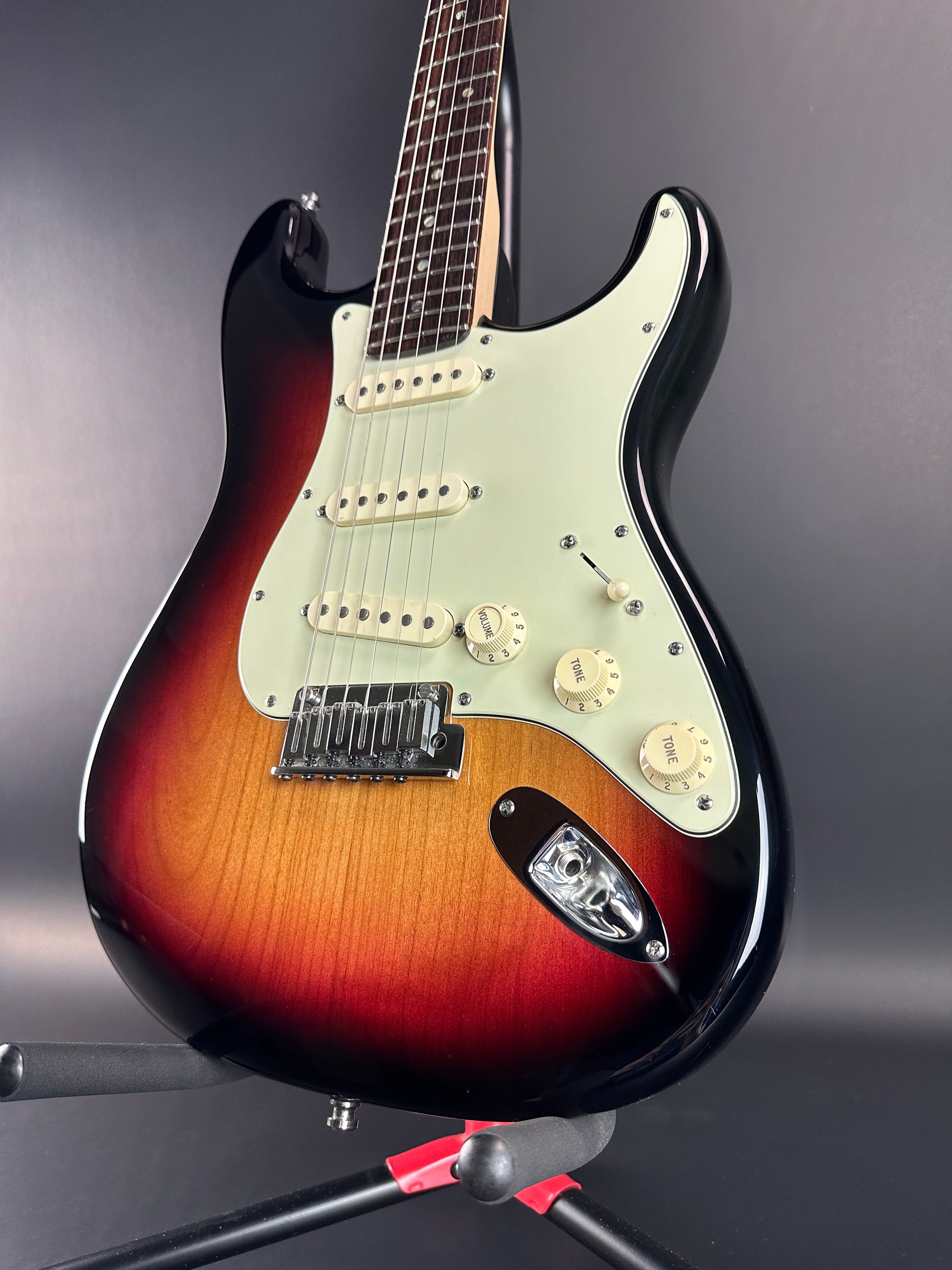 Front angle of Used Fender American Deluxe Strat Burst.