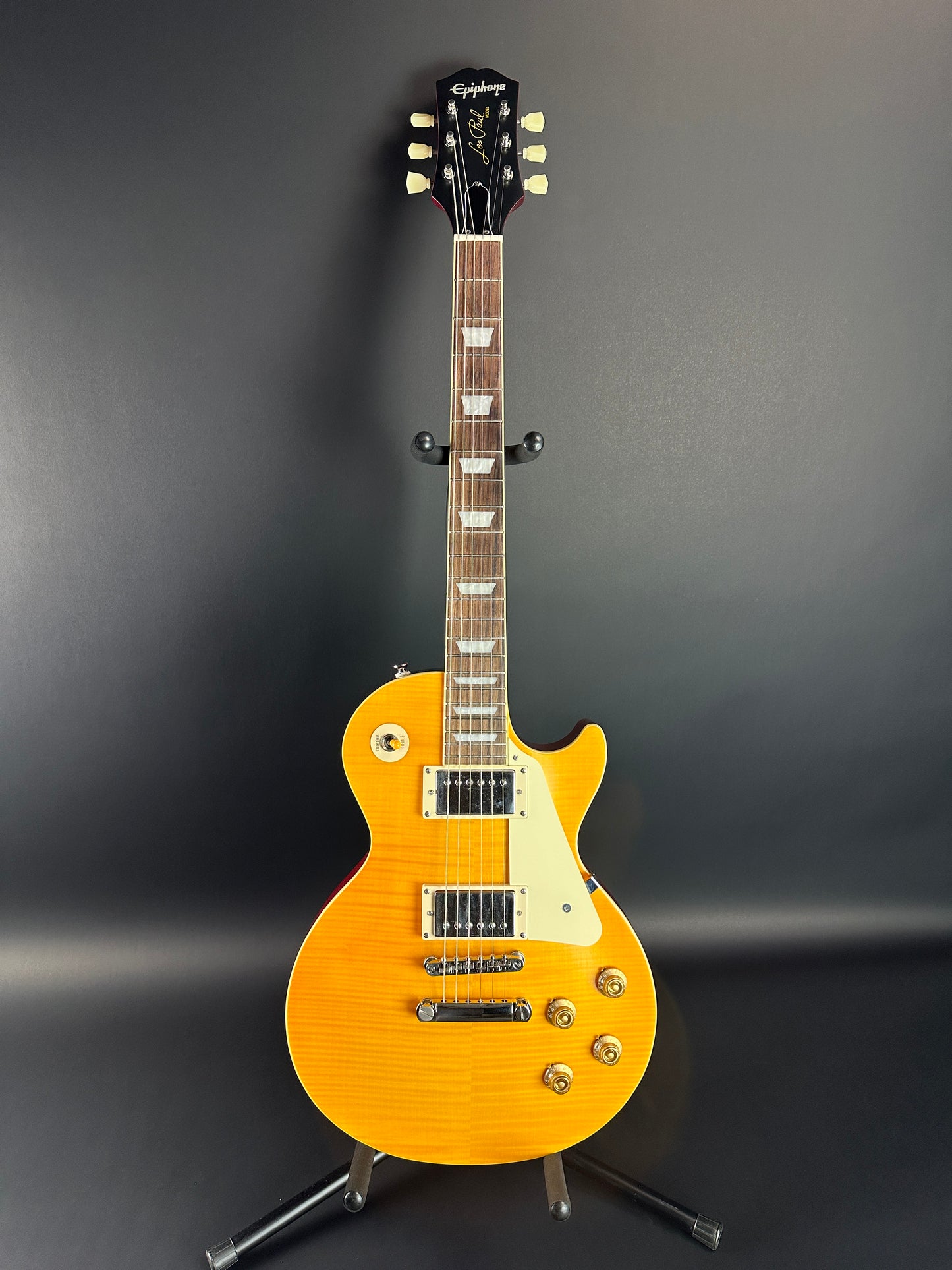 Full front of Used Epiphone '59 Les Paul Lemonburst.