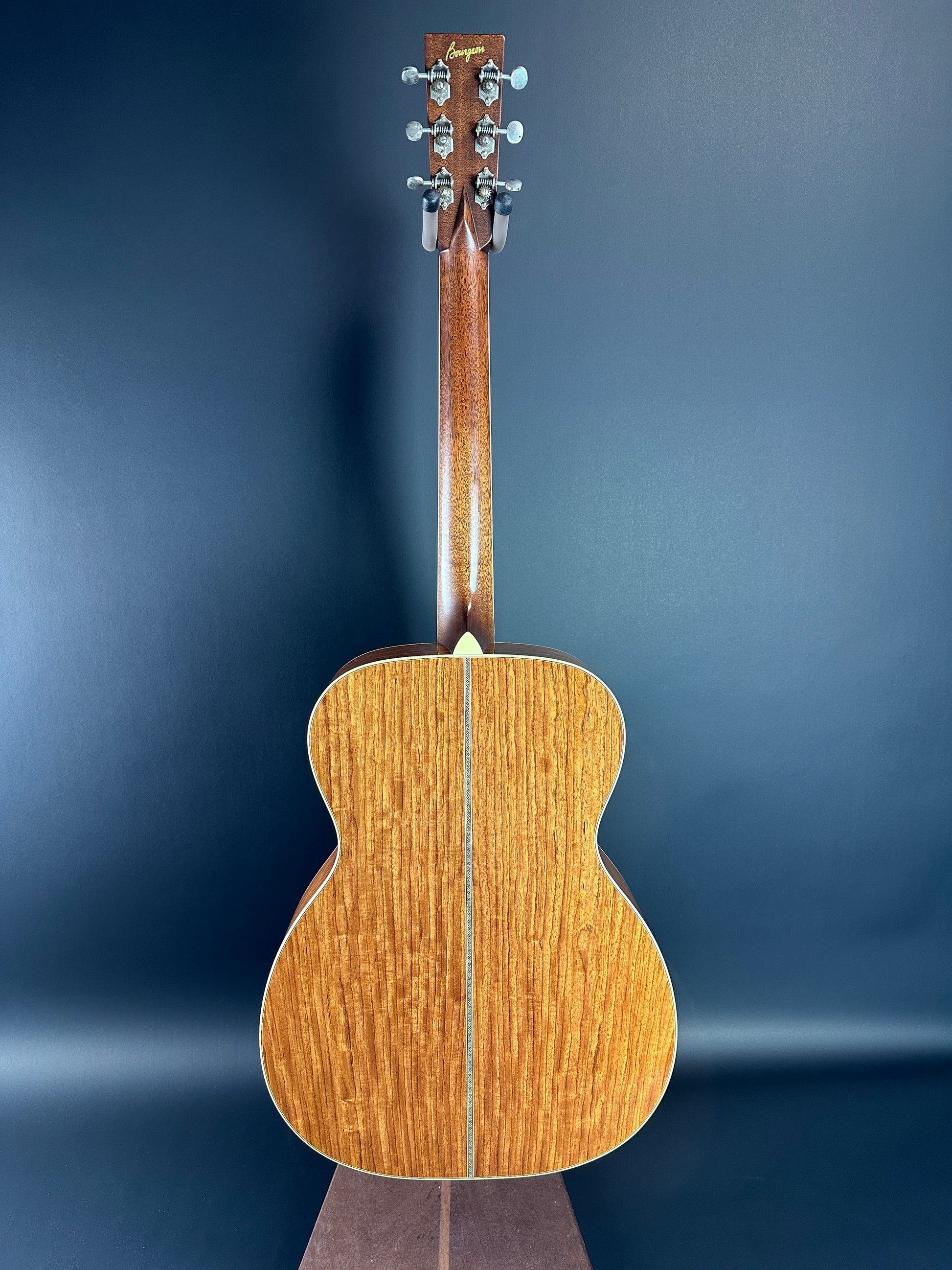 Full back of Used Bourgeois Panama Red OM Large Soundhole Aged Adirondack.