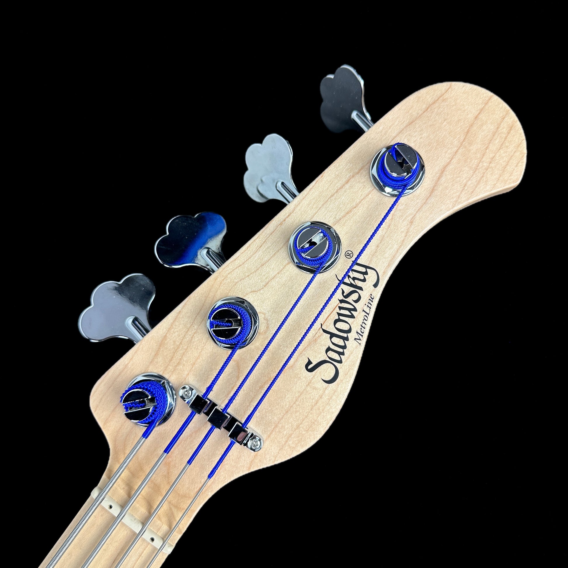 Front of headstock of Used Sadowsky MJ Metroline Satin Blue.