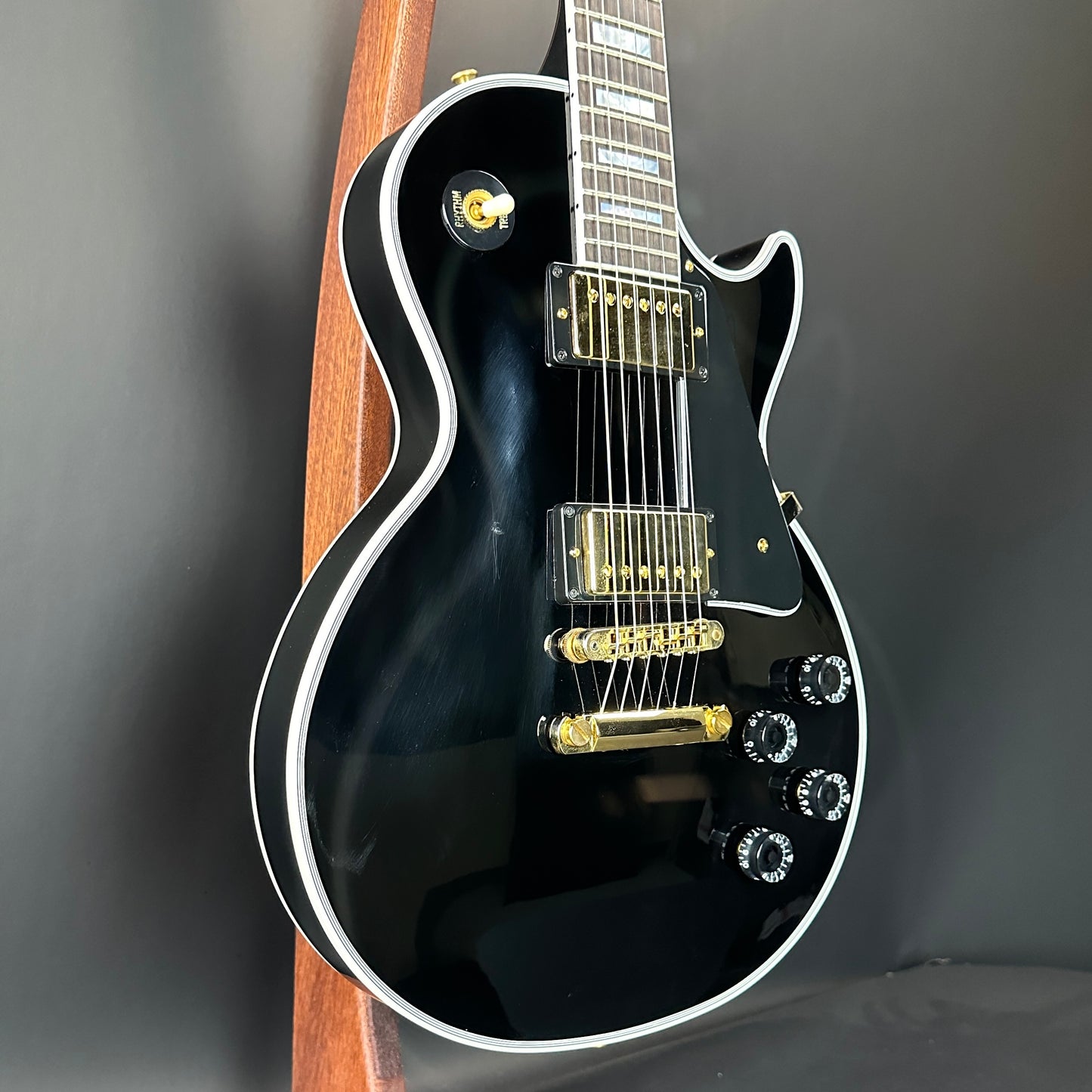 Front angle of Used Gibson Custom Shop Les Paul Custom Ebony.