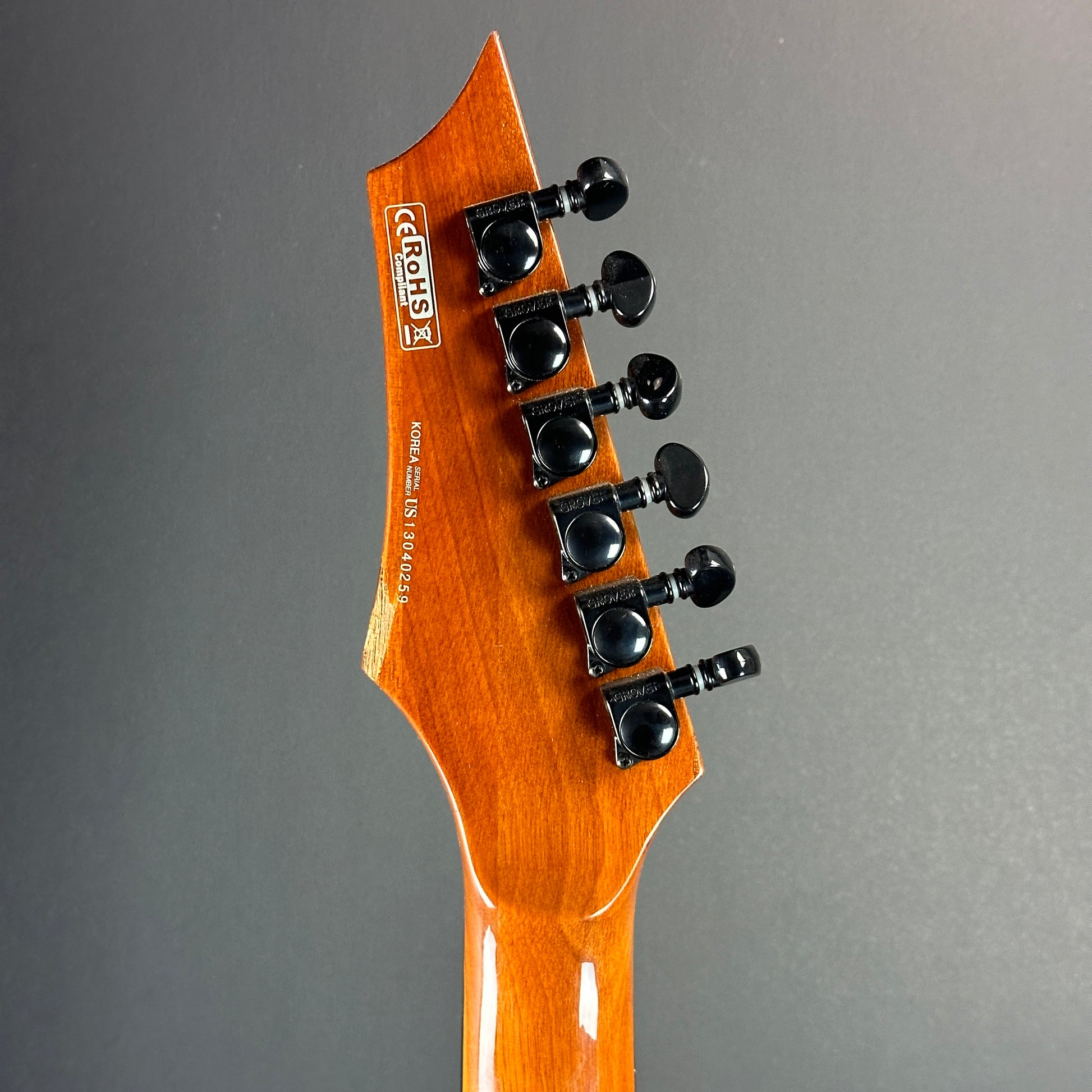 Back of headstock of Used Dean Vendetta Amber.