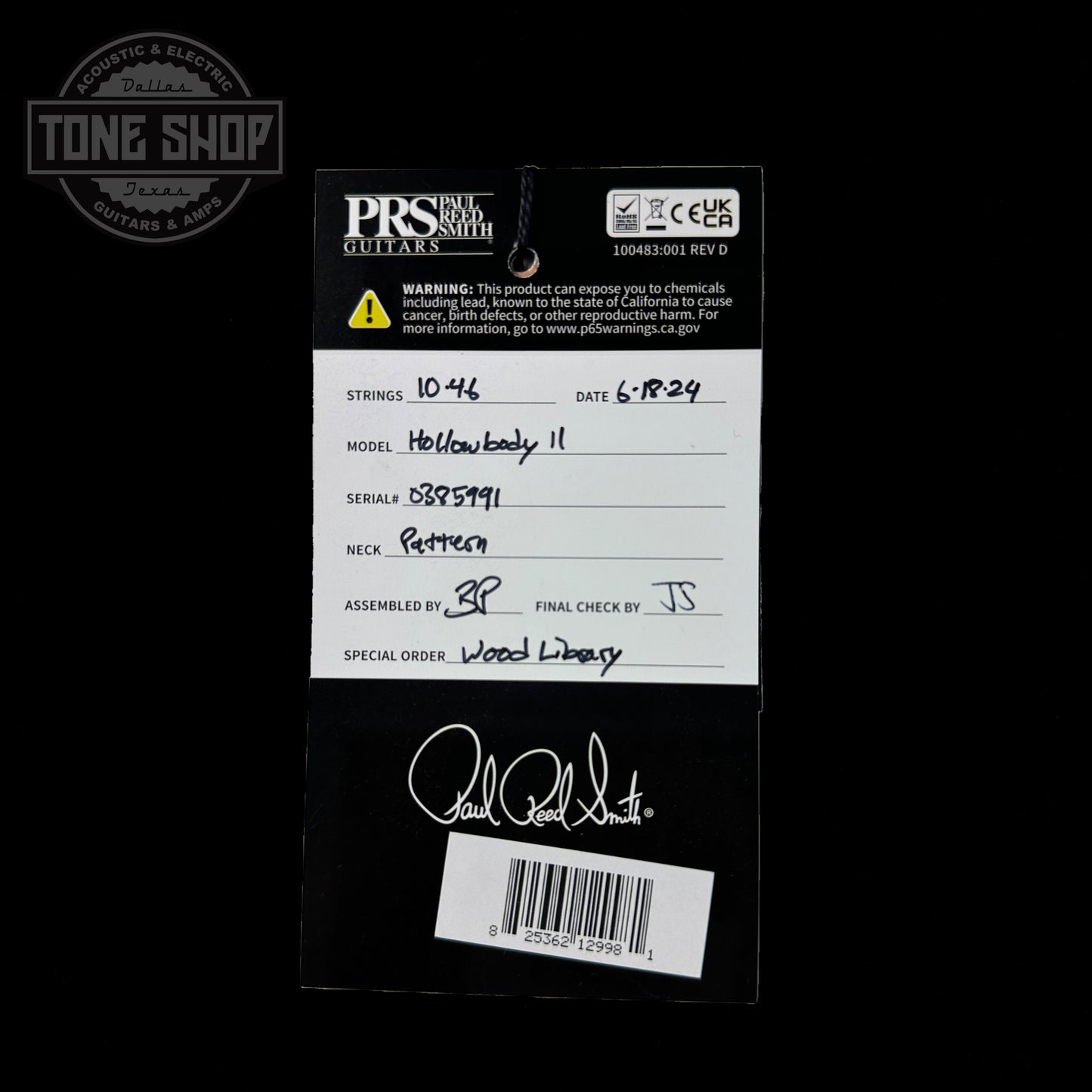 Hang tag for PRS Wood Library Hollowbody II Piezo 10-top Faded Blue Jean.