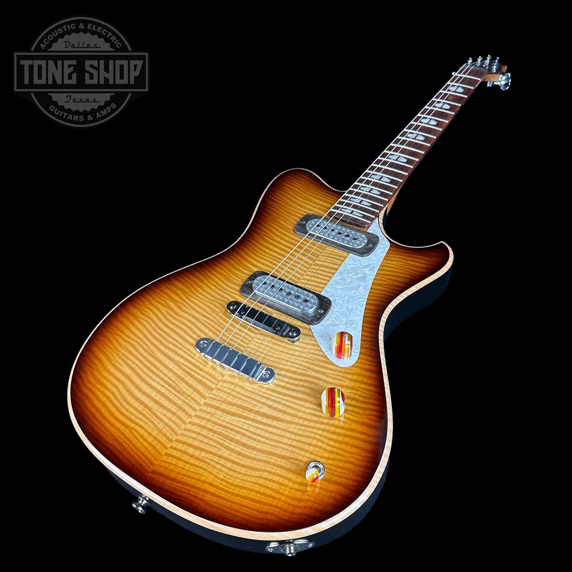 Front angle of Powers Electric A-Type Select Maple Solana Sunset FF42 Pearl Delrin Warm.