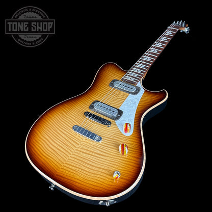 Front angle of Powers Electric A-Type Select Maple Solana Sunset FF42 Pearl Delrin Warm.