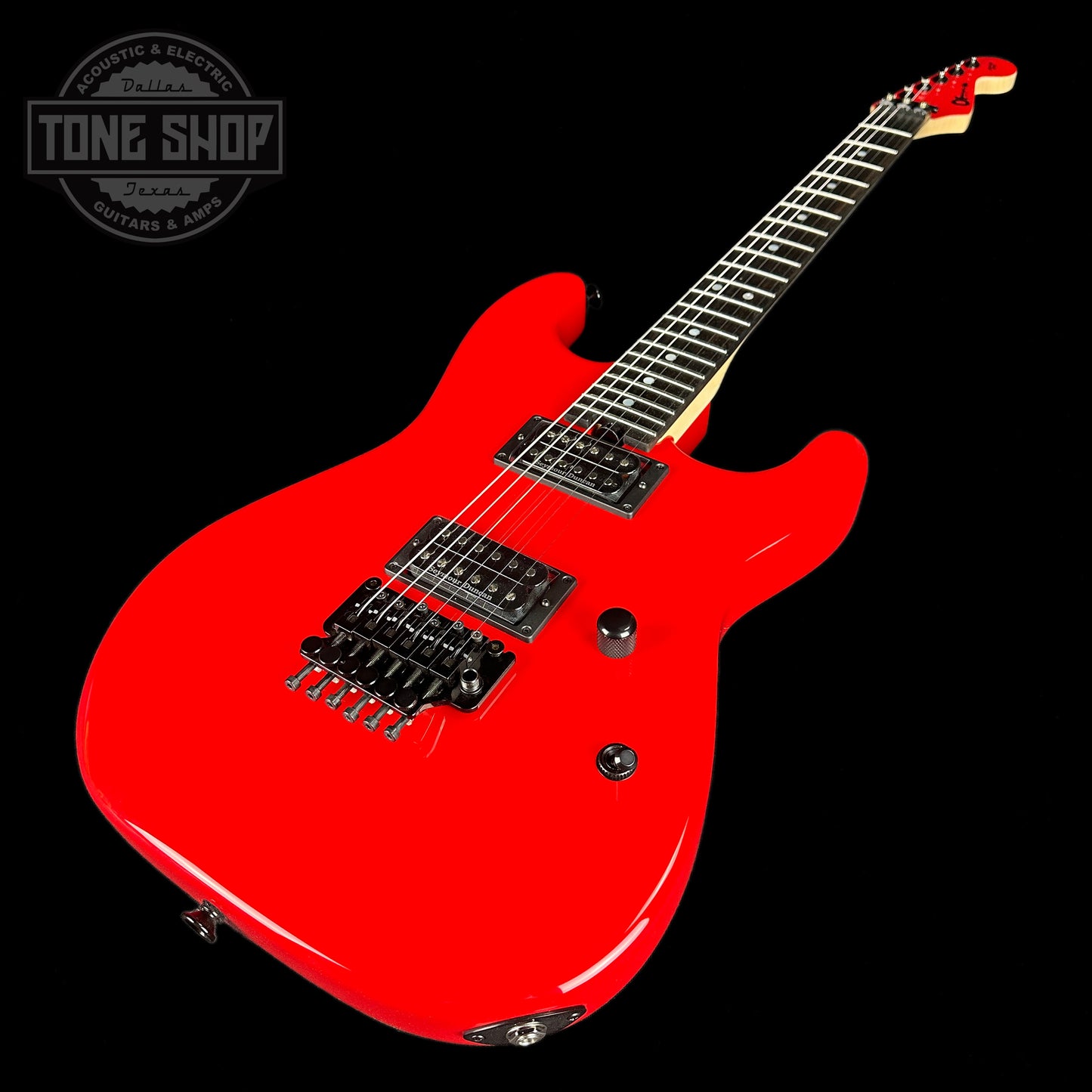 Front angle of Charvel Custom Shop San Dimas2H F R Ferrari Red.