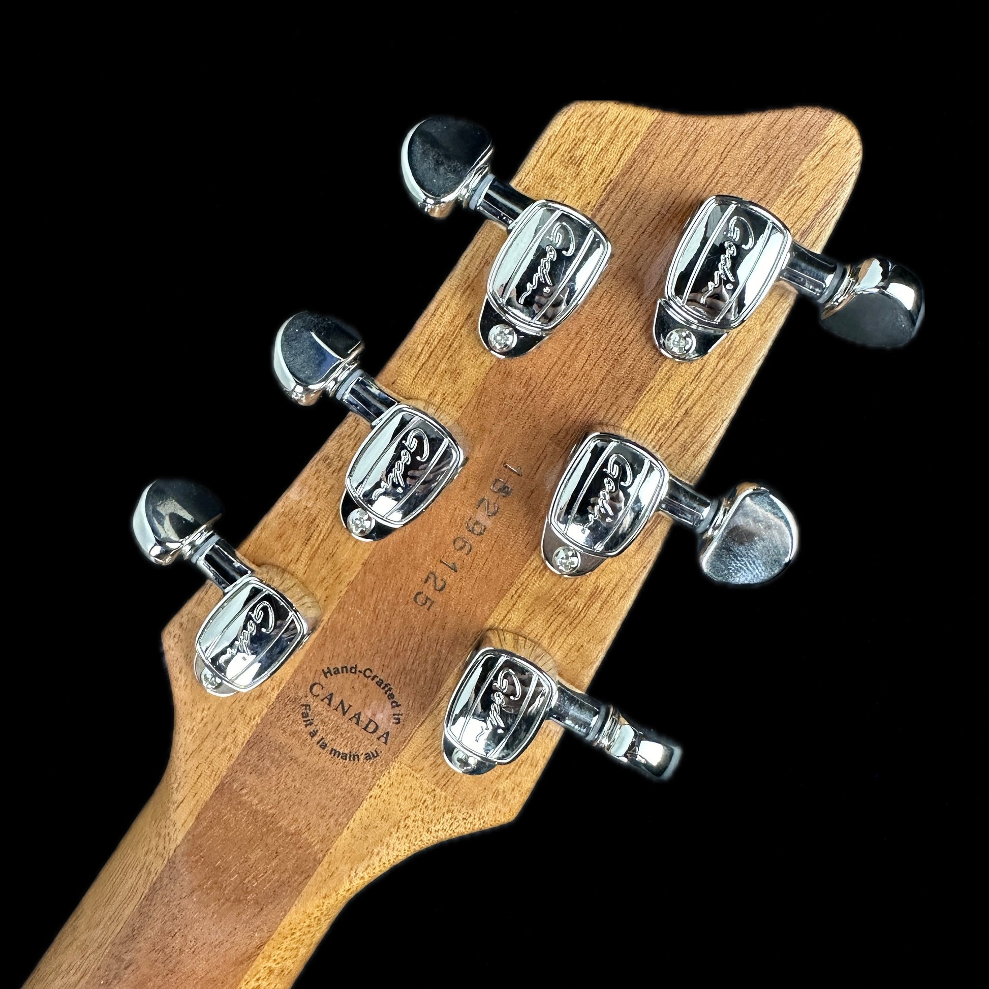 Back of headstock of Used Godin A6 Ultra Extreme Koa.