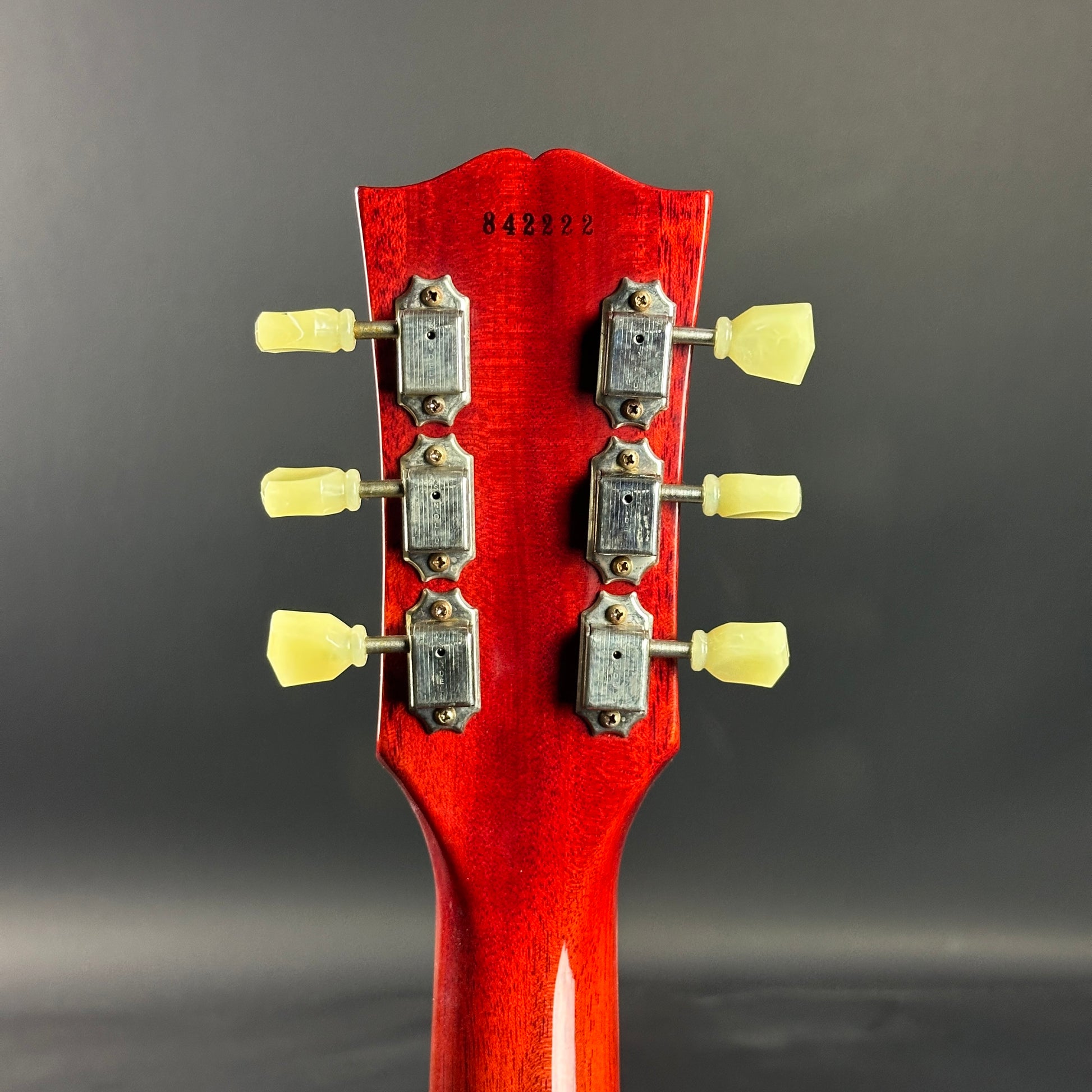 Back of headstock of Used Gibson Custom Shop '58 Les Paul R8 VOS Lemonburst.