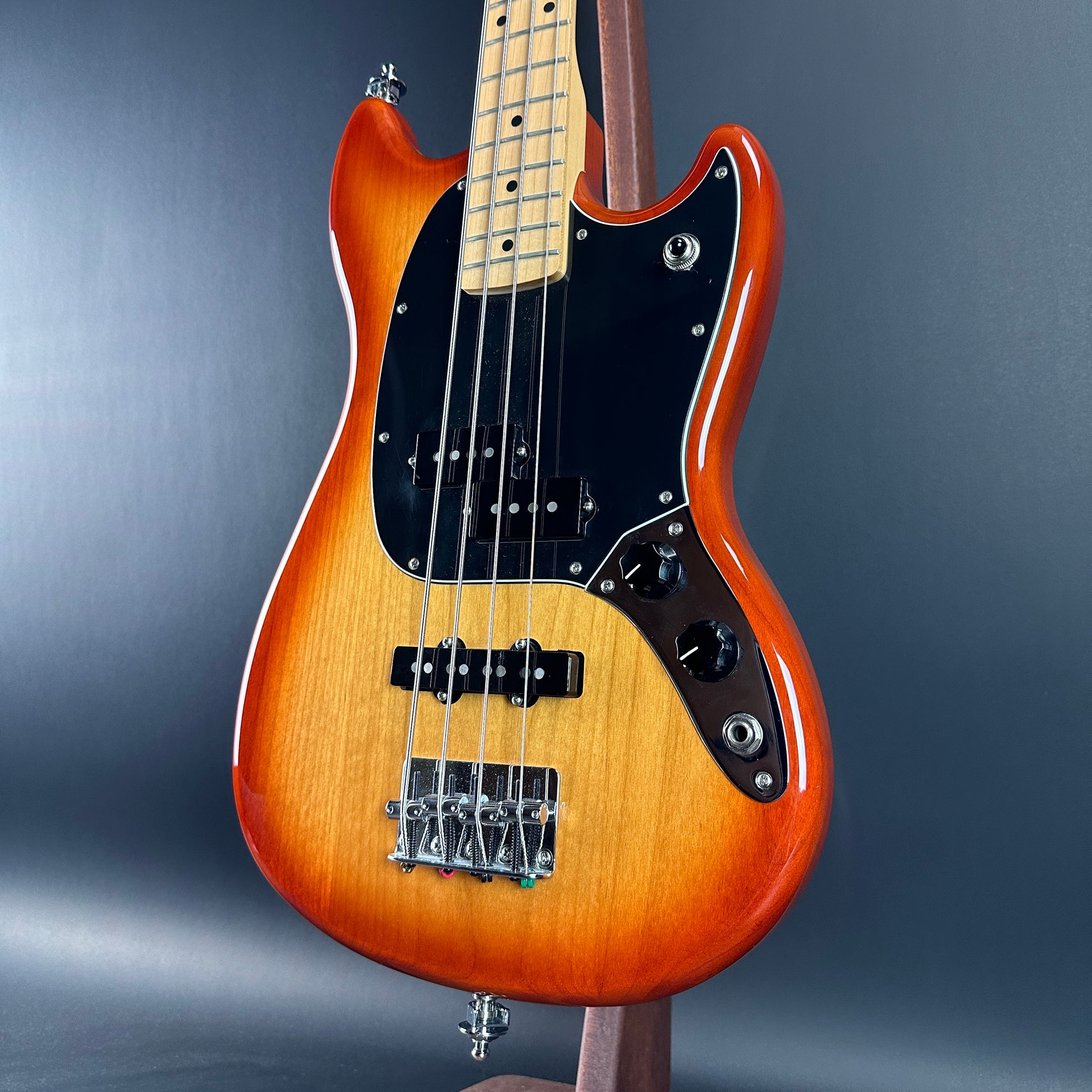 Front angle of Used Fender Player Mustang Bass PJ Sienna Sunburst.