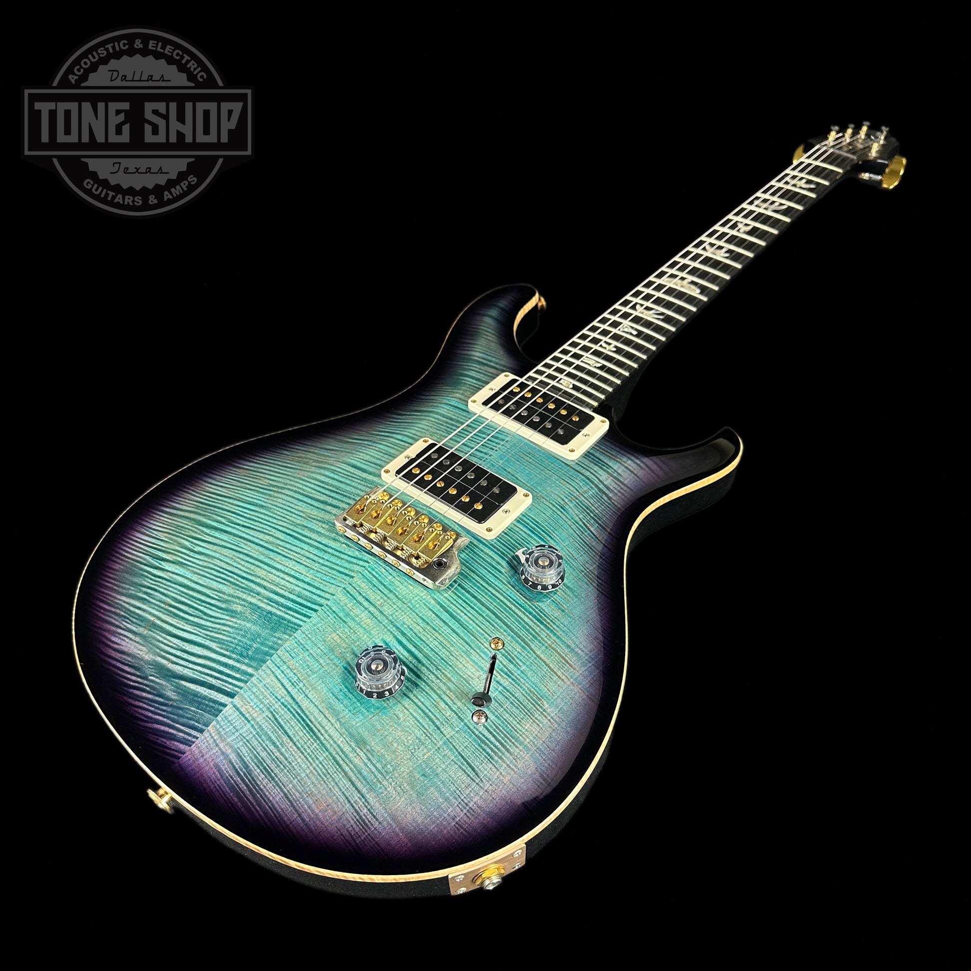 Front angle of Used PRS Custom 24 10-Top Aquableux Smokeburst.