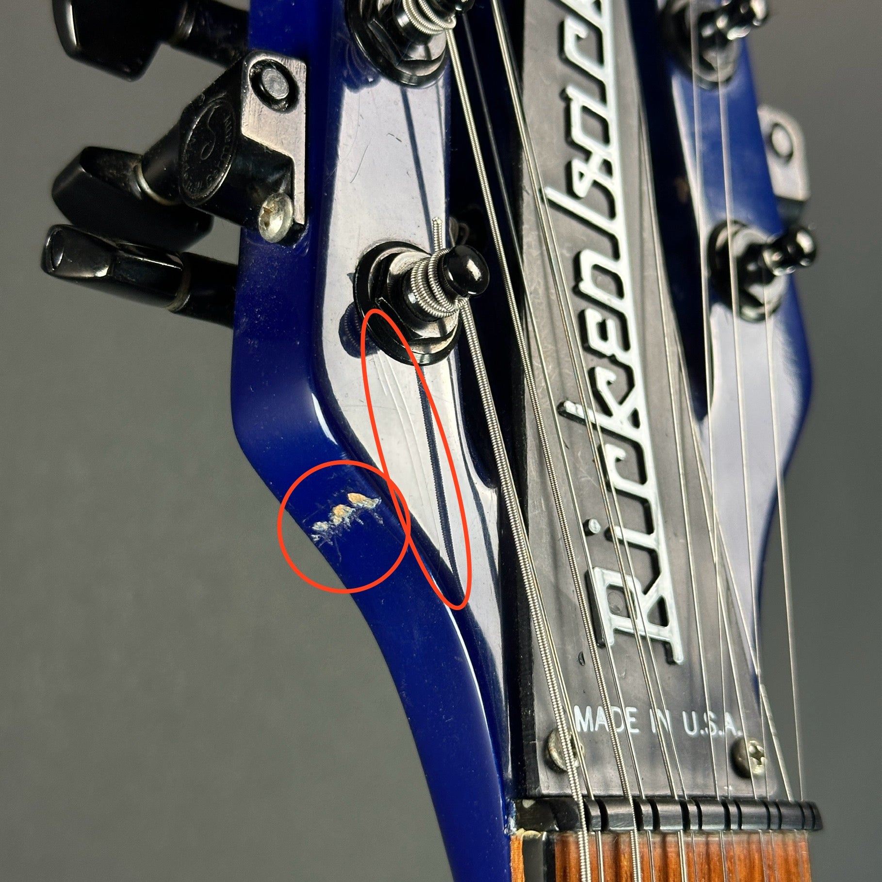 Damage on headstock of Used 1988 Rickenbacker 620 Midnight Blue.