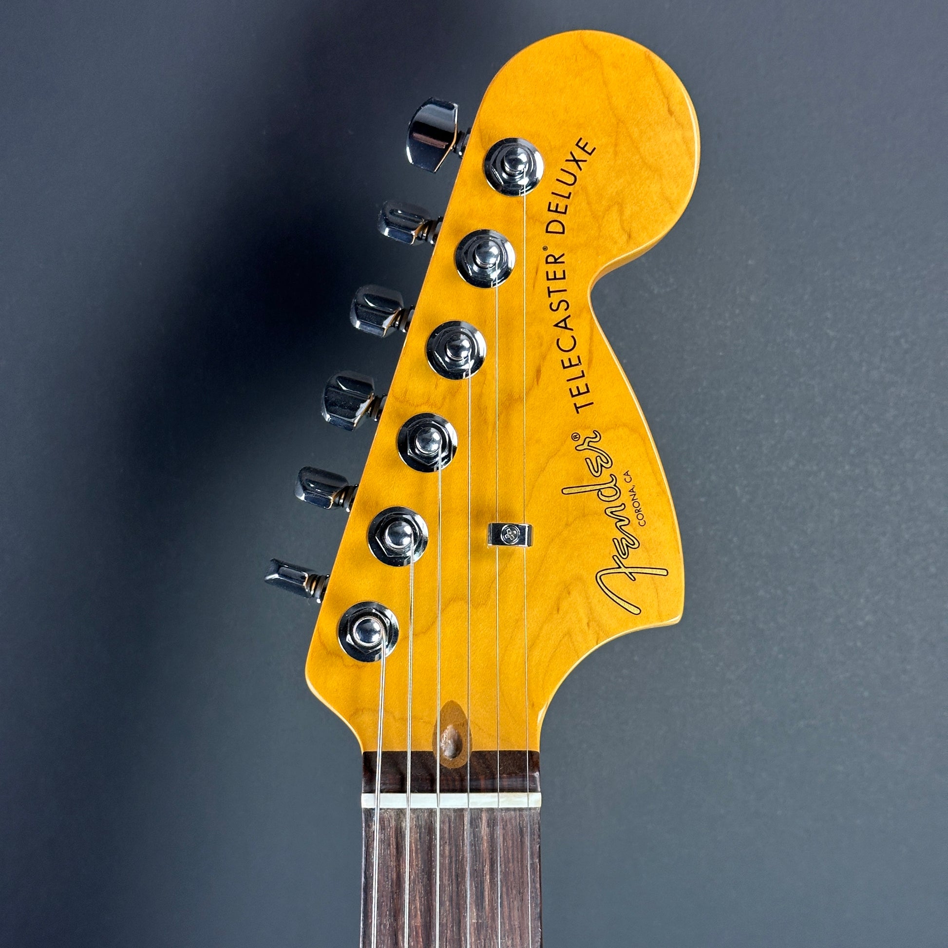 Front of headstock of Used Fender American Professional II Telecaster Deluxe RW Mercury.