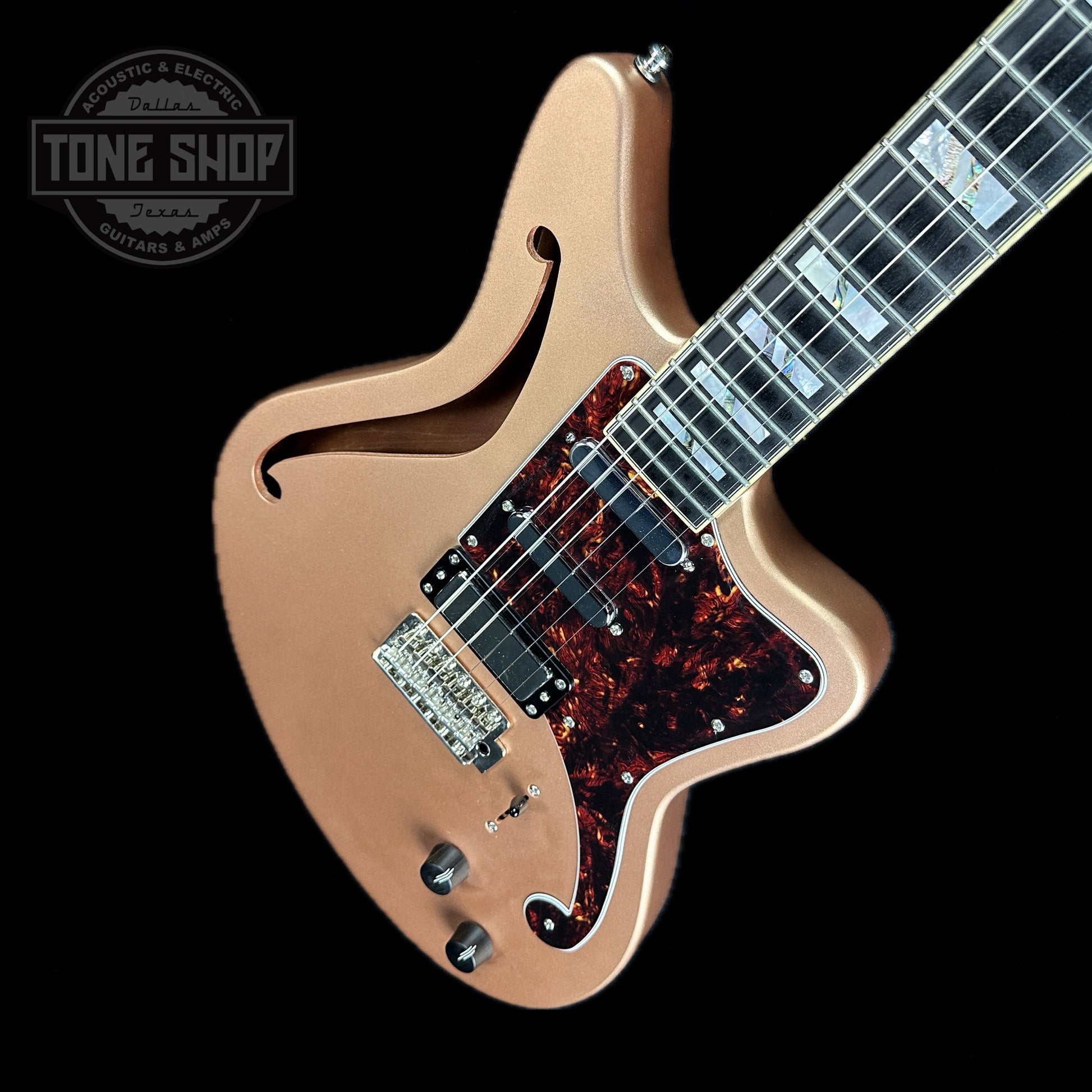 Front angle of Used D'Angelico Deluxe Bedford LTD Matter Rose Gold.