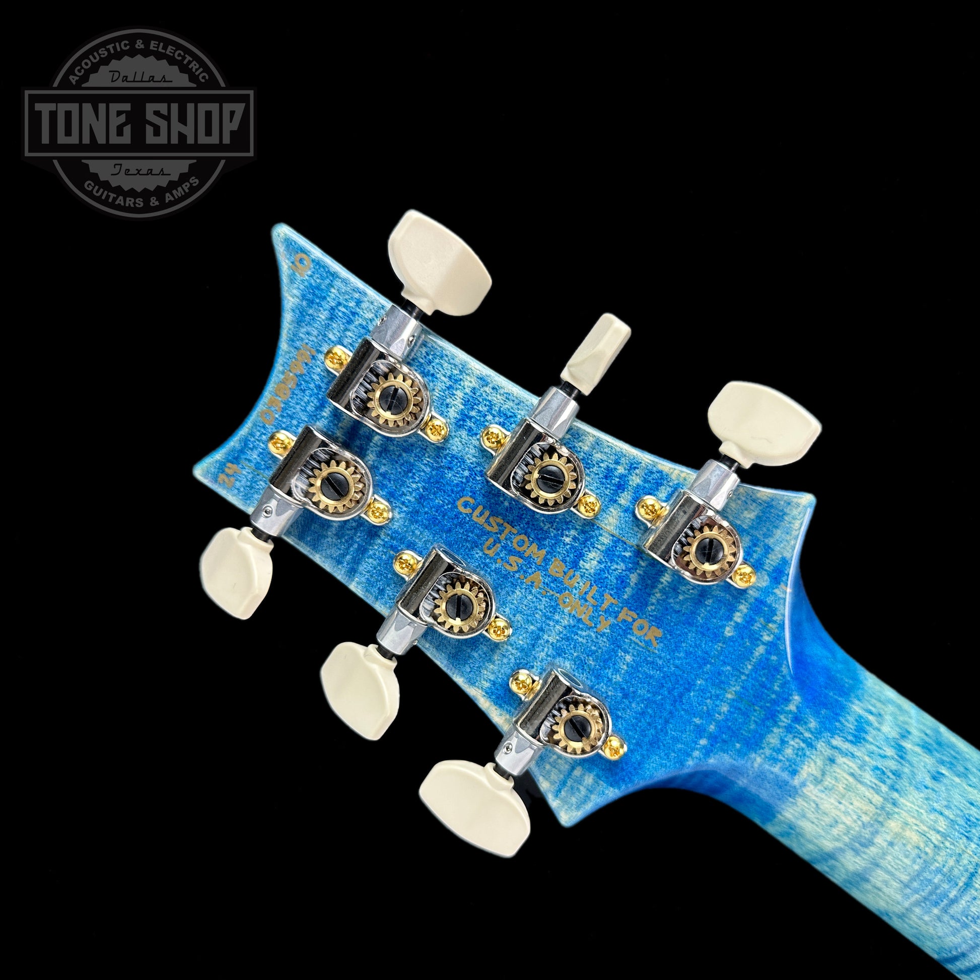 Back of headstock of PRS Wood Library Hollowbody II Piezo 10-top Faded Blue Jean.