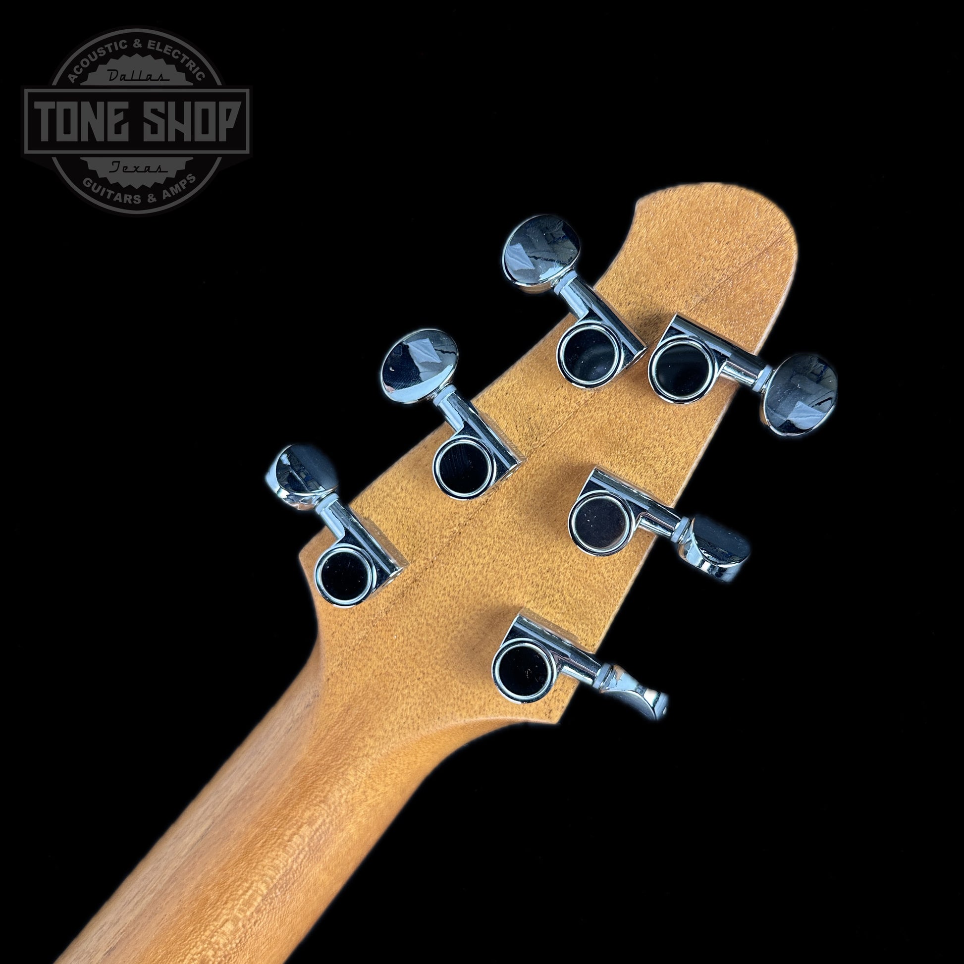 Back of headstock of Powers Electric A-Type Select Maple Sweet Tea Orange PF42 Pearl Ebony Warm.