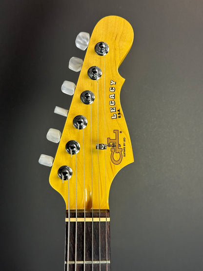 Front of headstock of Used G&L Legacy HSS Quilt Top.