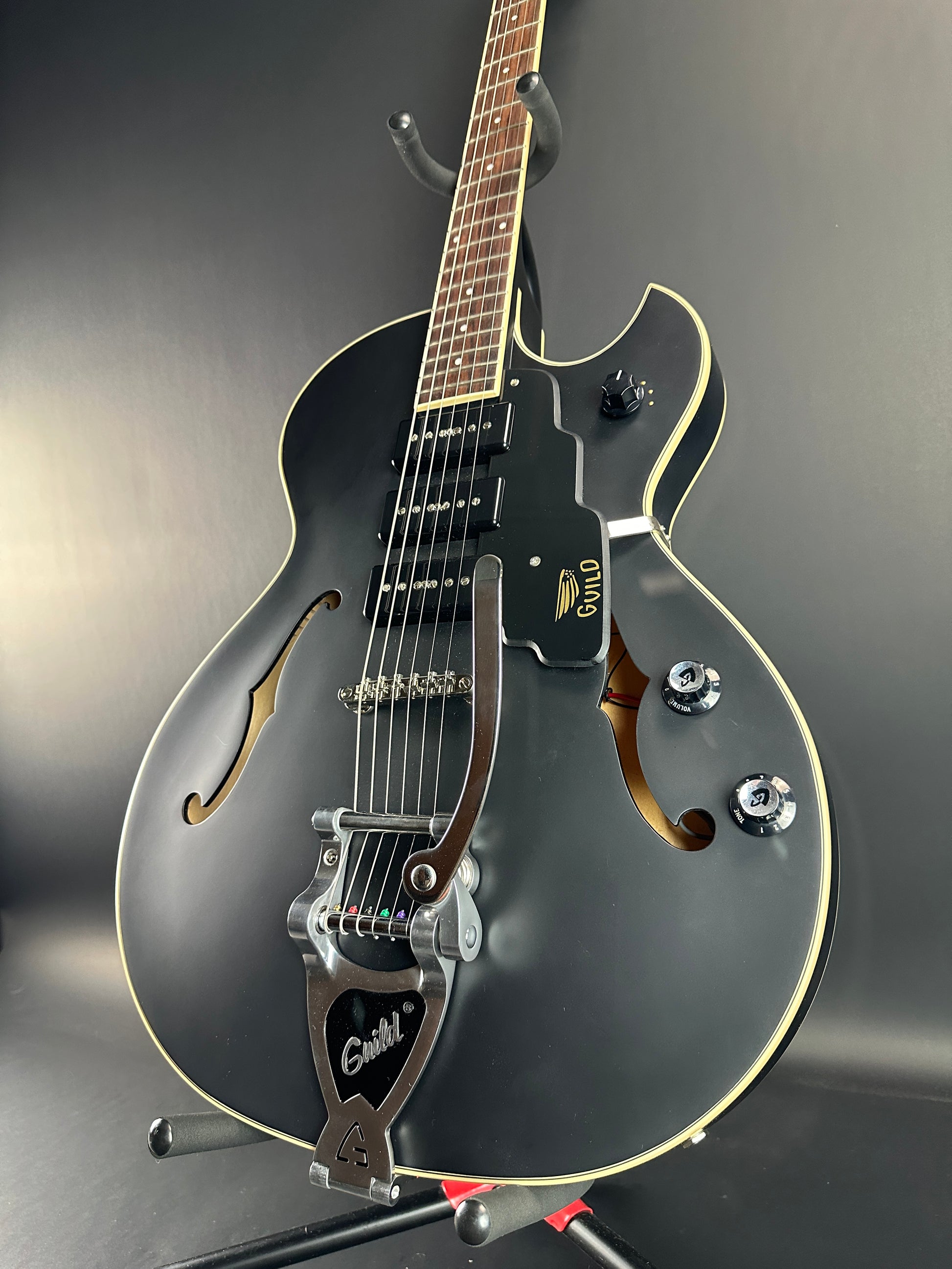 Front angle of Used Guild Starfire I Jet P90 Black.